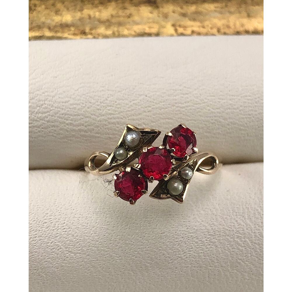 Antique Victorian Gold Garnet Ring Seed Pearls